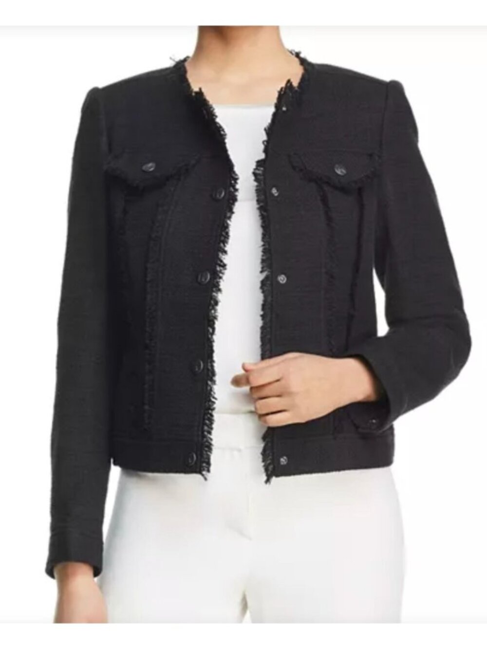 Karl Lagerfeld Paris Frayed Tweed Black Snap Front Jacket Size 12 Blazer Fall